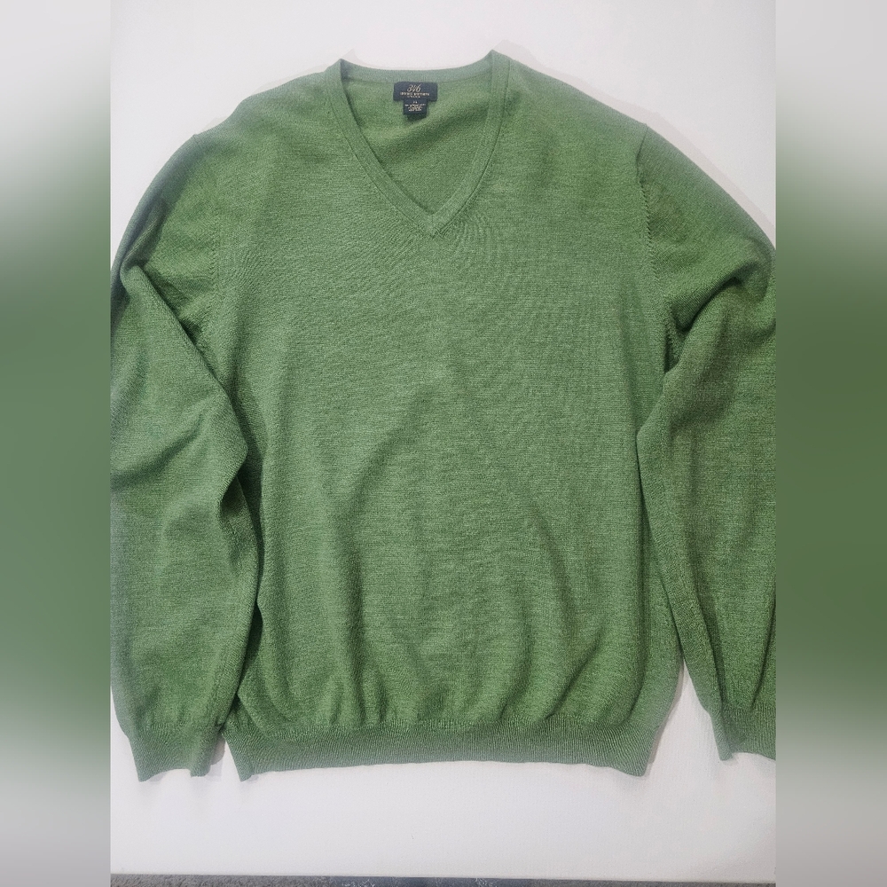 Brooks Brothers 346 Sweater Mens XL‎ Green V-neck Stretchy Merino Wool (FLAWS)